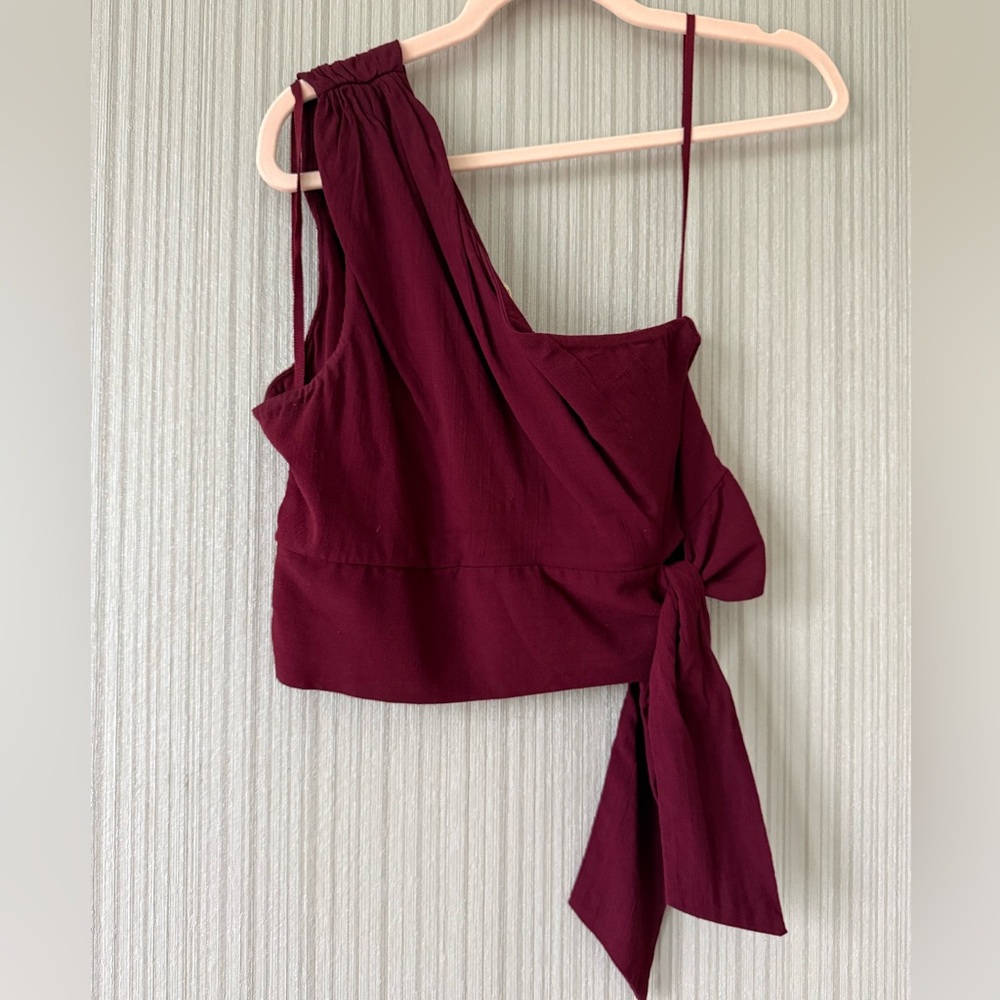 Free People One-Shoulder Tie-Waist Crop Top in Burgundy
